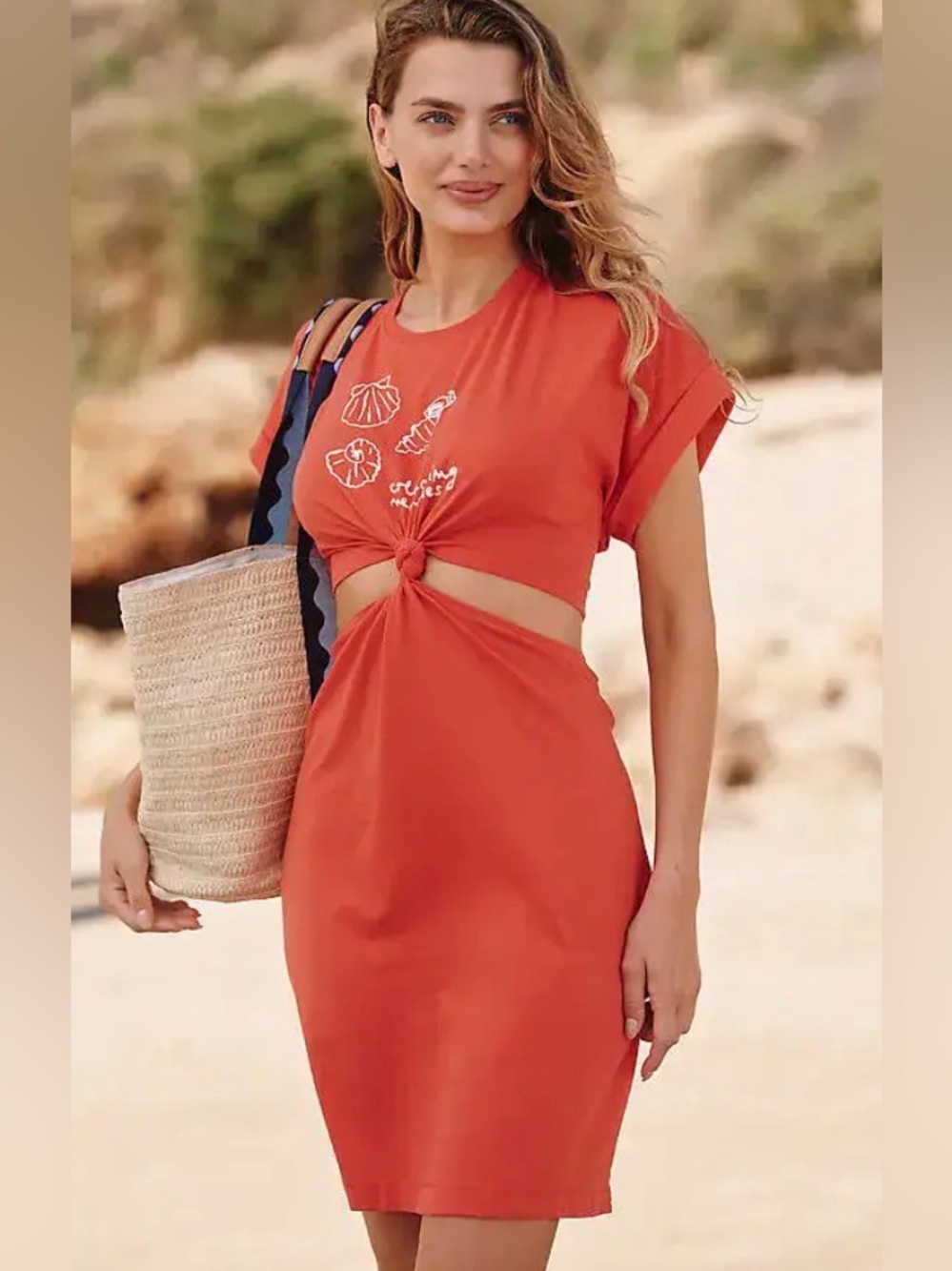 Celandine Knot-Front Cutout Midi Dress in Vibrant Orange
